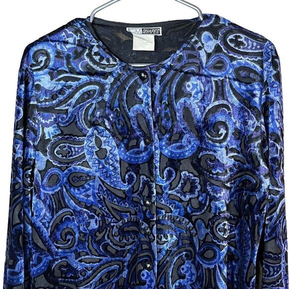 Vintage C.M. Shapes Paisley Print Blue Velvet Long Sleeve Top Size Medium - Picture 2 of 7